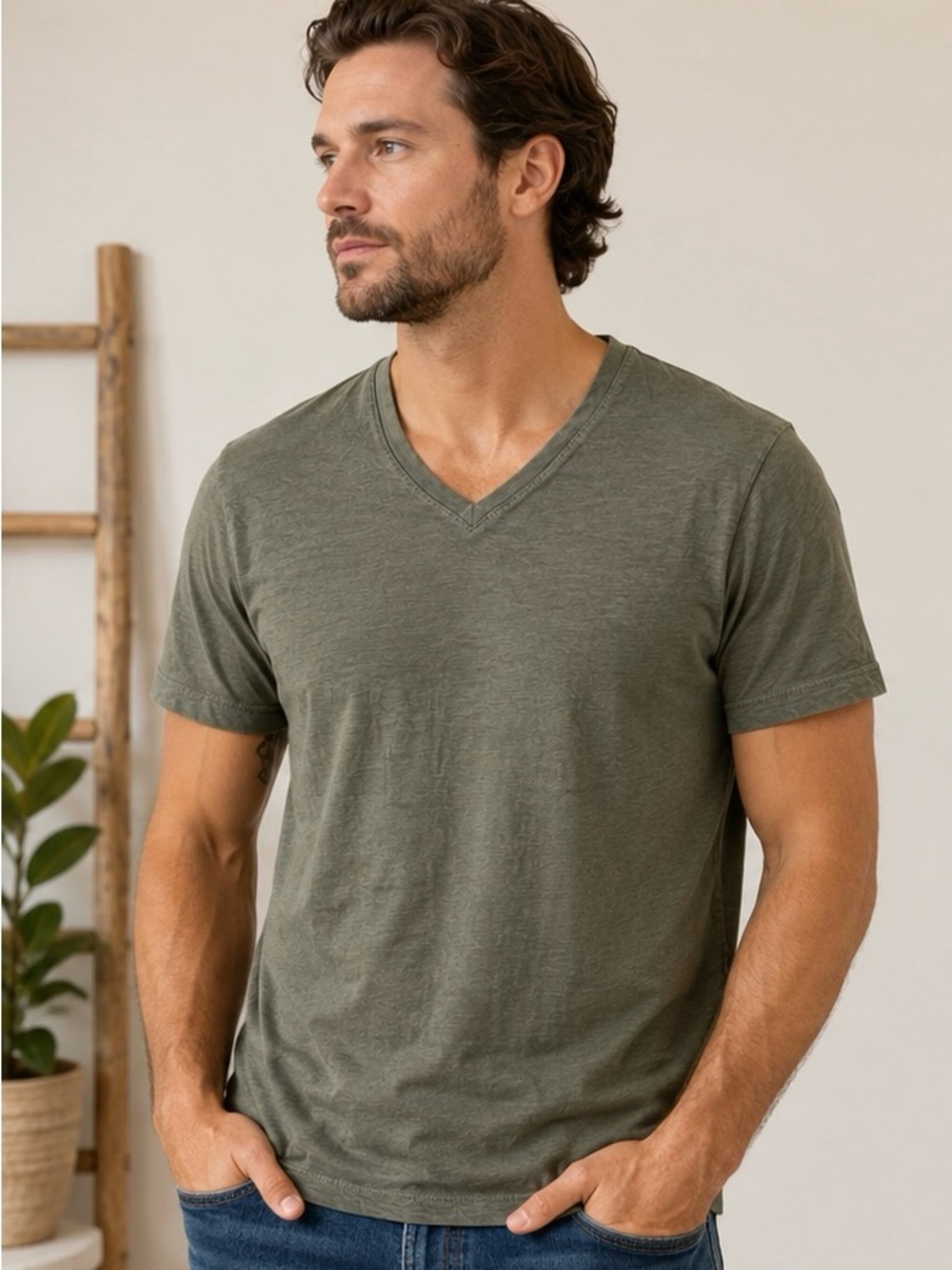 Michael Brandon Olive Green V-Neck Cotton Tee
